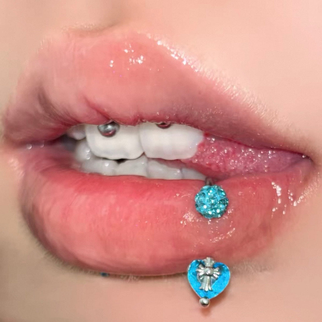 Sparkling Blue Heart Lip Piercing: Edgy Glam That Turns Heads