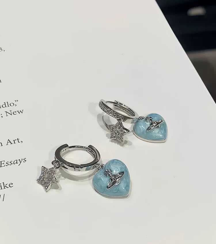 Blue Heart Saturn Pendant Earrings