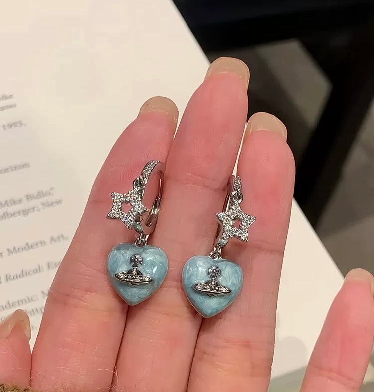 Blue Heart Saturn Pendant Earrings